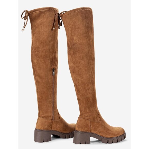 Women's Platform Boots-990-camel Over The Knee Thigh High Round Toe Long Boot - Picture 7 of 8